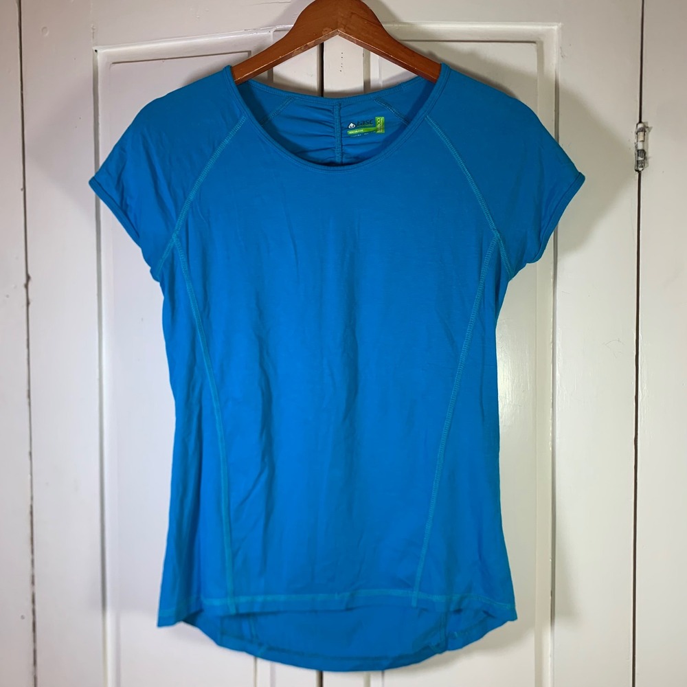 Tasc Performance NOLA Blue Bamboo Ruched Back Short SS Tee Shirt Womens Medium